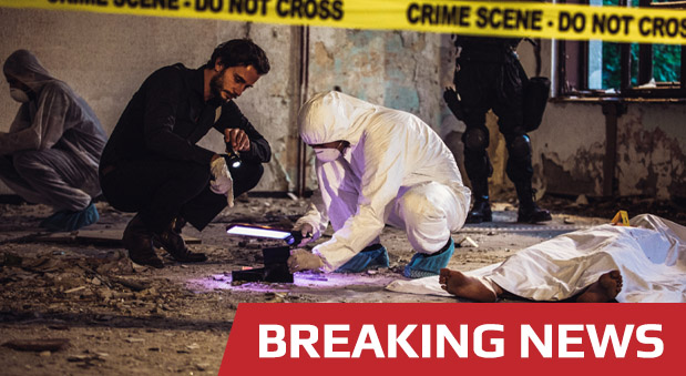 Breaking News text over image of crime scene