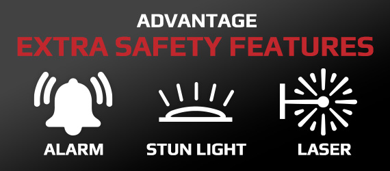 Powerful safety features like alarms, stun lights, and laser sights