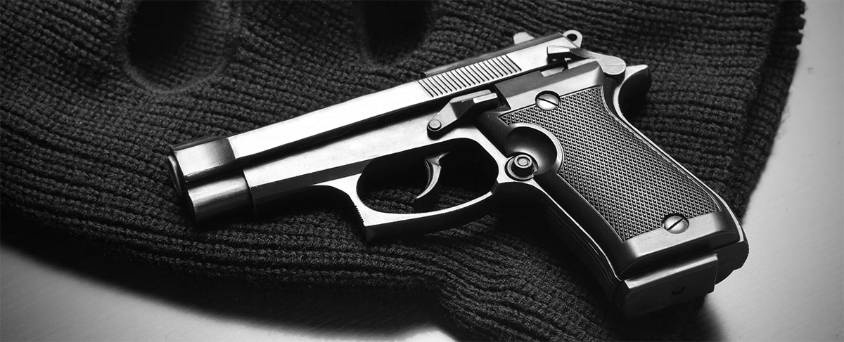 A black and white image of a hand gun