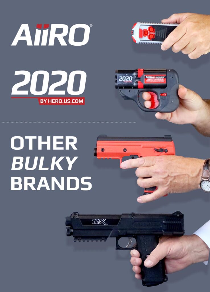 Comparing the much smaller size of AIIRO and HERO 2020 to other, bulkier non-lethal devices.