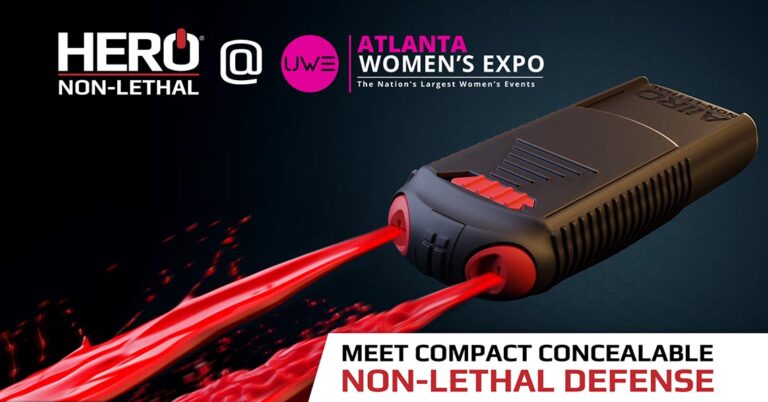 AIIRO fires a stream of irritant gel next to logos for HERO Non Lethal and the Atlanta Women's Expo