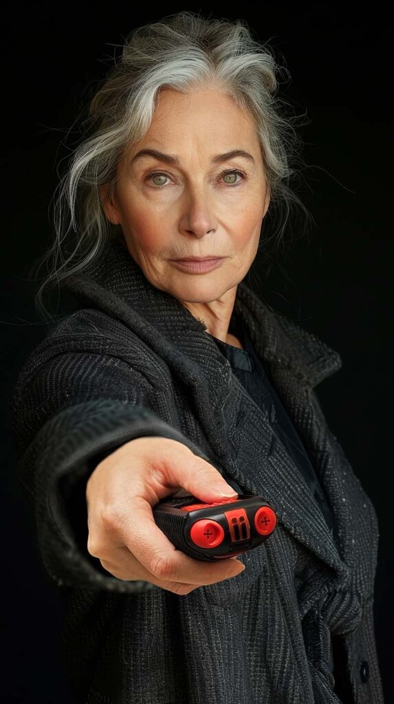 A older woman aims her AIIRO non-lethal defense tool