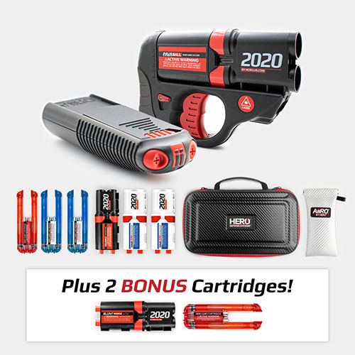 Non-lethal self defense kit including AIIRO and HERO 2020 with cartridges, carrying case, and protective sleeve. Includes 2 bonus cartridges