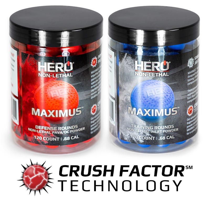 Two jars of MAXIMUS non-lethal defense projectiles. One jar contains red active irritant rounds, the other is blue with inert training rounds. Below the jar is a logo for Crush Factor Technology