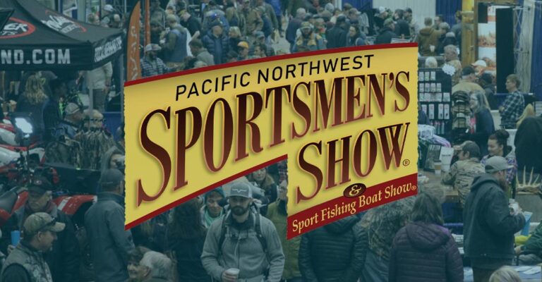 Pacific Northwest Sportsmen's Show logo on an image showing a crowd of people attending the show.