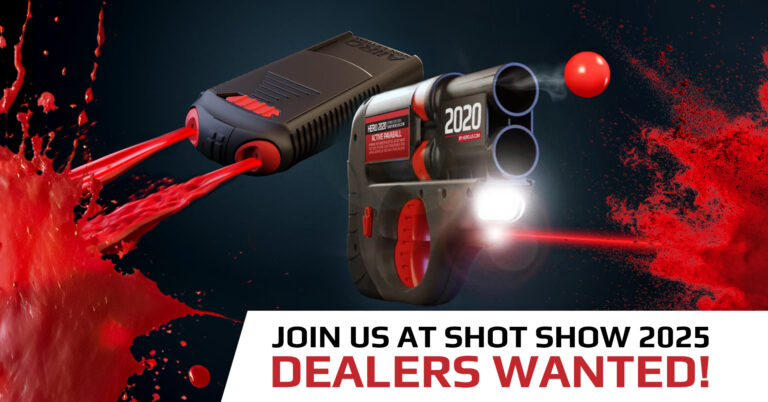 HERO 2020 and AIIRO firing non-lethal irritant followed by the text "Join us at Shot Show 2025! Dealers wanted"