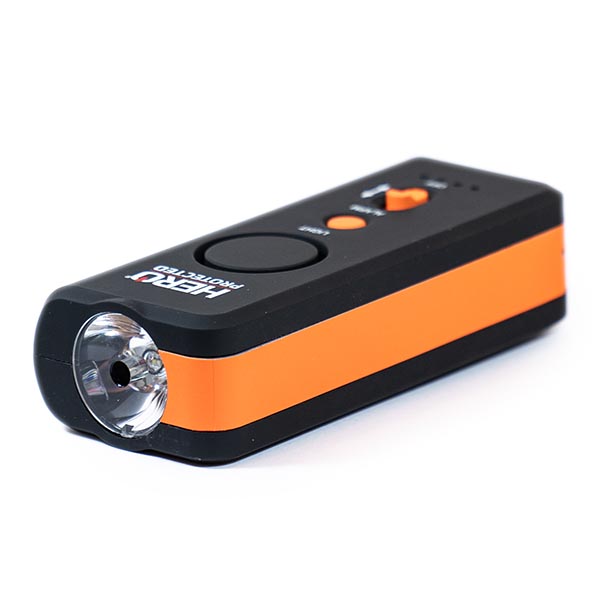 HEROLITE 4-in-1 Personal Safety includes blinding strobe lights, deafening alarm, emergency power bank, and brilliant flashlight